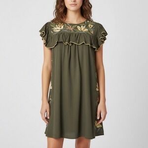 Mi Golondrina Embroidered Ruffle Mini Dress Olive Green 100% Cotton Size Small